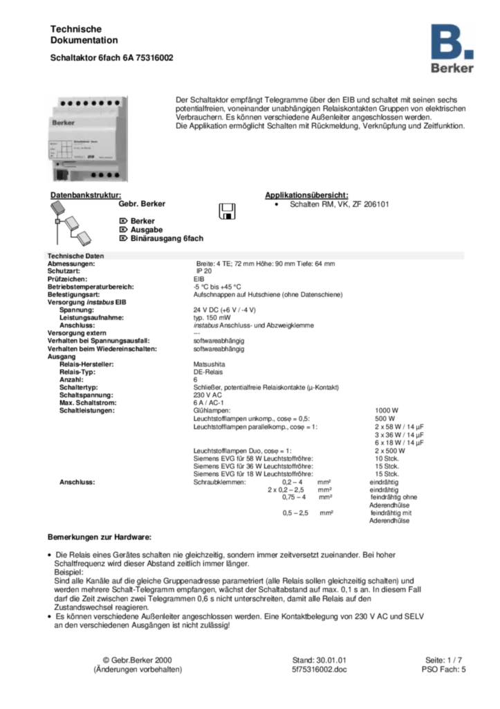 Bild Applikationsbeschreibung ETS für 75316002 - Schaltaktor 6fach REG (DE, 2001-01) | Hager Deutschland