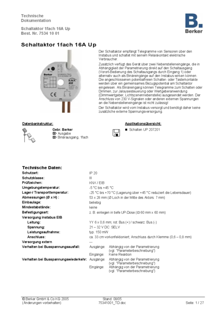 Bild Applikationsbeschreibung ETS für 75341001 - Schaltaktor 1fach UP (DE, 2005-08) | Hager Deutschland