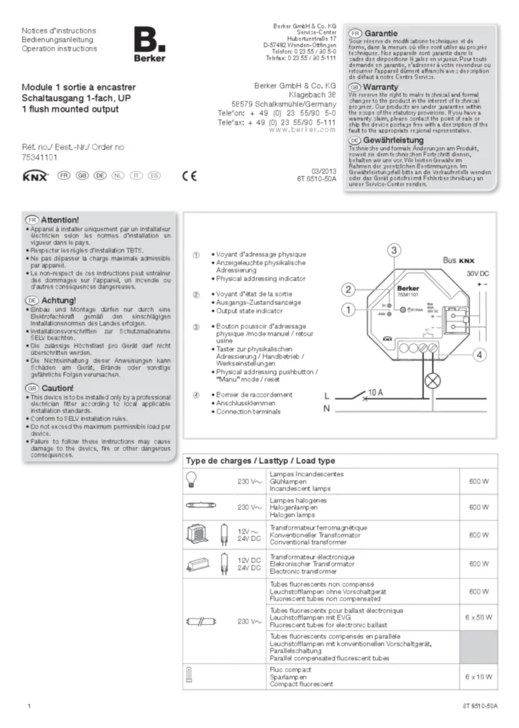 Bild Bedienungs- und Montageanleitung für 75341101 - Schaltaktor 1fach UP (DE-EN-NL-FR-ES-IT, Stand: 03.2013) | Hager Deutschland