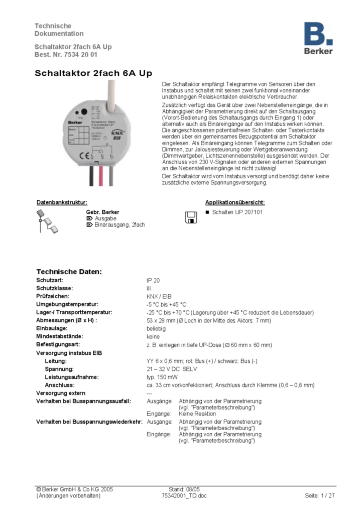 Bild Applikationsbeschreibung ETS für 75342001 - Schaltaktor 2fach UP (DE, 2005-08) | Hager Deutschland