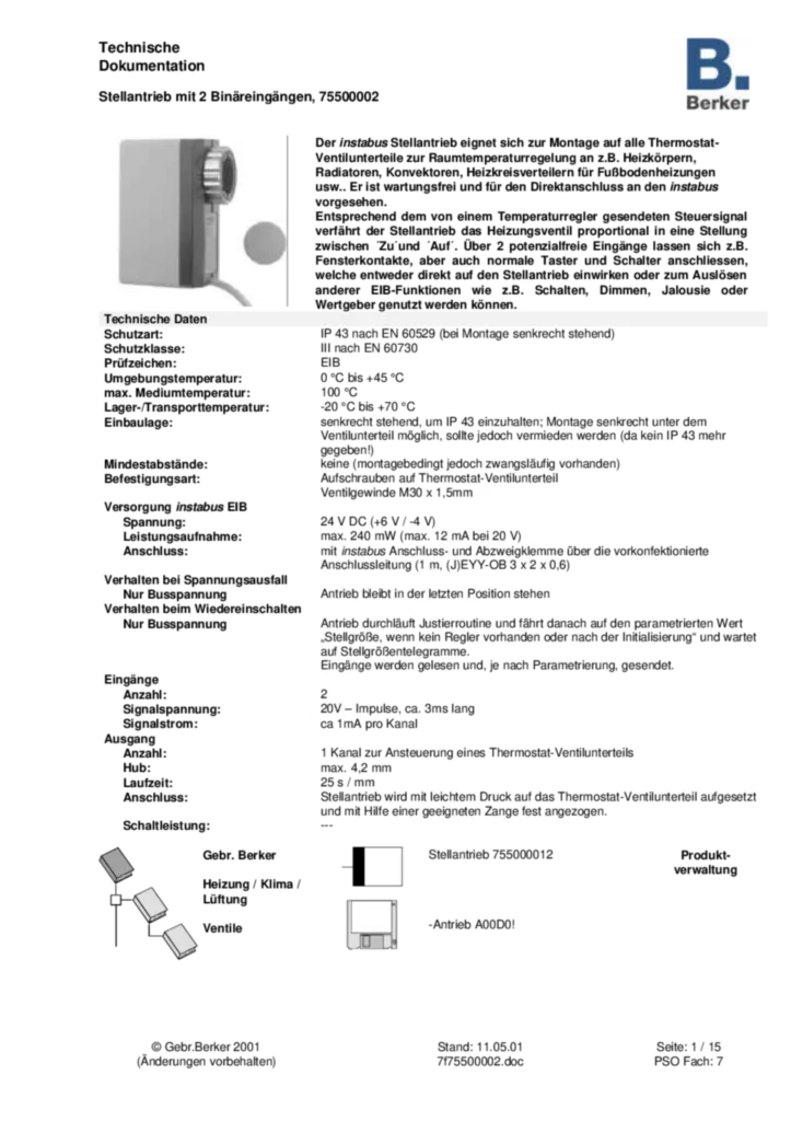 Bild Applikationsbeschreibung ETS für 75500002 - KNX Stellantrieb (DE, 2001-05) | Hager Deutschland