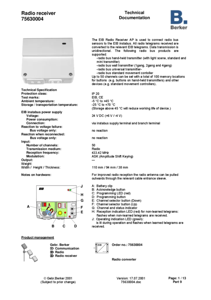 Image Application description ETS for 75630004 - Radio receiver surface-mounted (EN, 2001-07)  | Hager