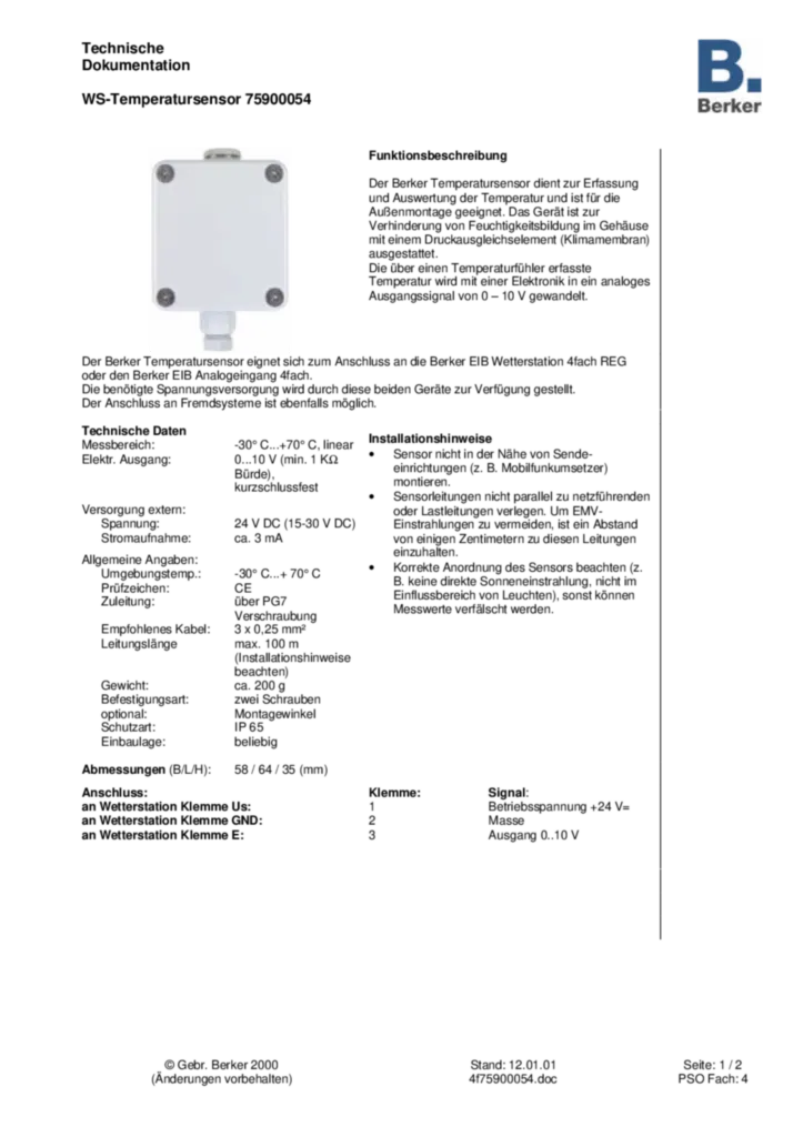 Bild Applikationsbeschreibung ETS für 75900054 - Temperatursensor AP (DE, 2001-01) | Hager Deutschland