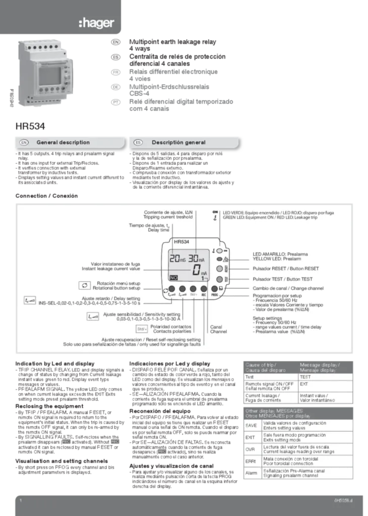 Bild Betriebsanleitung für HR534 - Fehlerstromschutz-Relais 30mA-30A mit Zeitverzögerung LCD Anzeige 4 Wege (DE-PT-EN-FR-ES, Stand: 10.2015) | Hager Deutschland