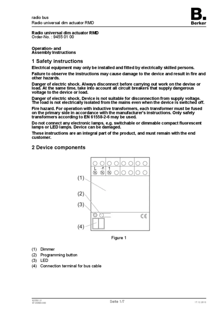 Bild Bedienungs- und Montageanleitung für 94550100 - Funk Universal-Dimmaktor REG (EN, 2010-12) | Hager Deutschland
