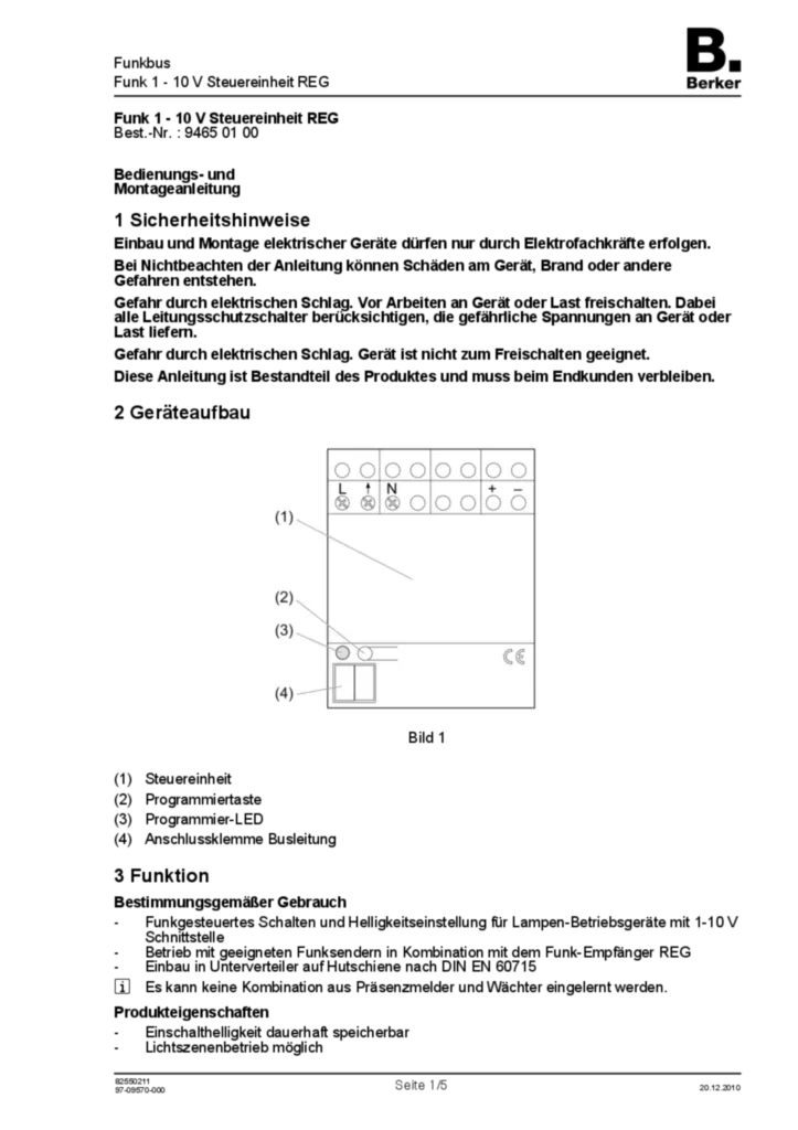 Bild Bedienungs- und Montageanleitung für 94650100 - Funk 1 - 10 V Steuereinheit REG (DE, Stand: 12.2010) | Hager Deutschland