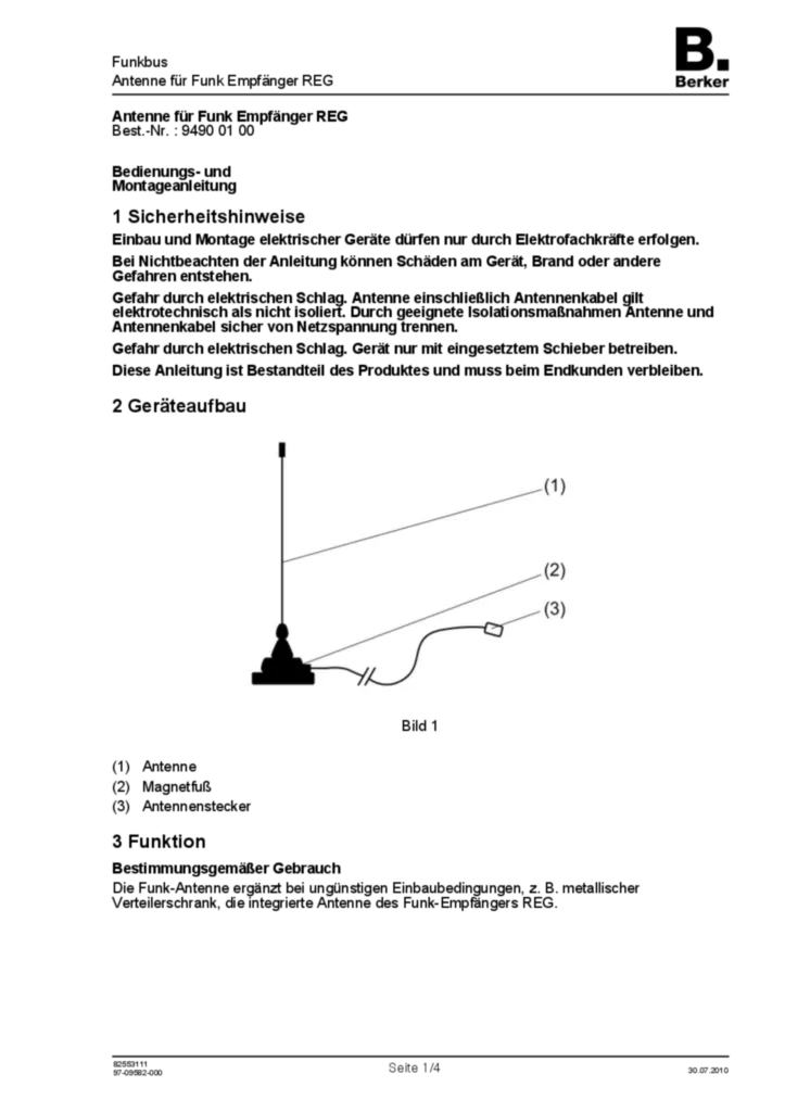 Bild Bedienungs- und Montageanleitung für 94900100 - Antenne für Funk Empfänger REG (DE, Stand: 07.2010) | Hager Deutschland