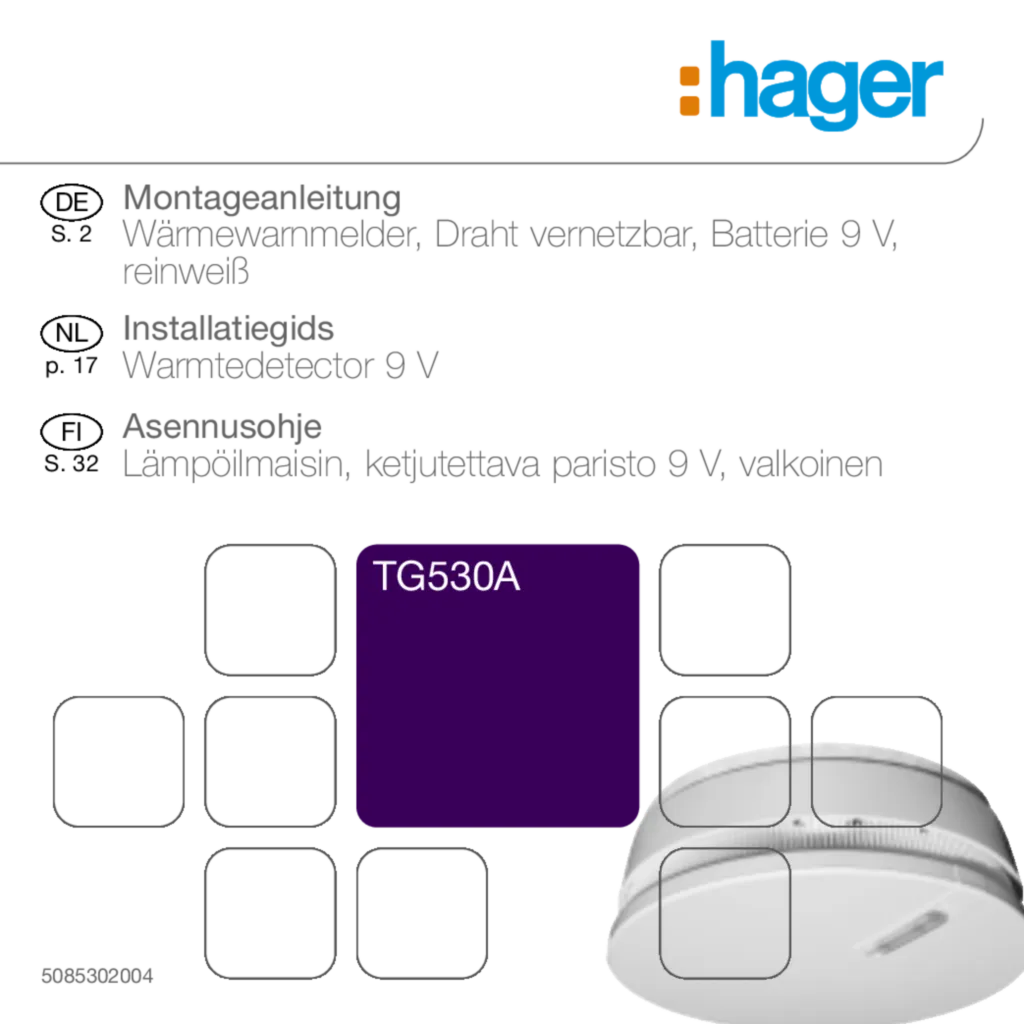 Bild Montageanleitung für TG530A - Wärmewarnmelder, Drahtvernetzbar, 9V DC (DE-FI, NL, Stand: 01.2011) | Hager Deutschland