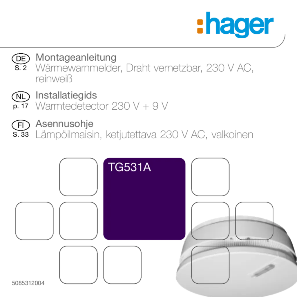 Bild Montageanleitung für TG531A - Wärmewarnmelder, Drahtvernetzbar, 230V AC (DE-FI, NL, Stand: 01.2010) | Hager Deutschland