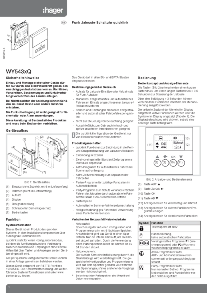 Bild Bedienungs- und Montageanleitung für WYJ430Q - Funk Jalousie-Schaltuhr quicklink (DE, Stand: 03.2013) | Hager Deutschland
