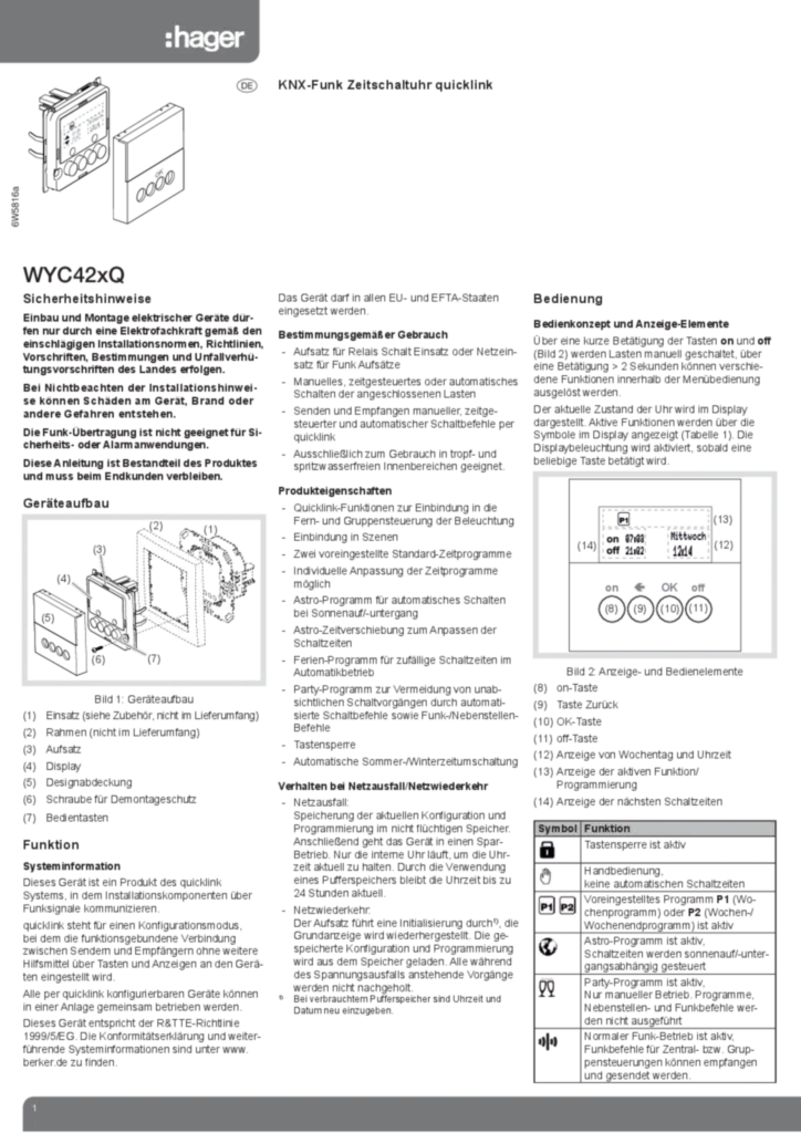 Bild Bedienungs- und Montageanleitung für WYC420Q - Funk-Schaltuhr quicklink (DE, Stand: 03.2013) | Hager Deutschland