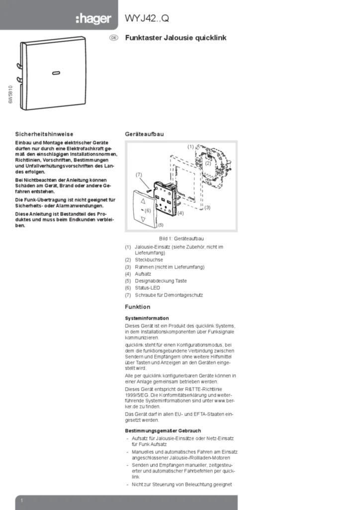 Bild Bedienungs- und Montageanleitung für WYJ420Q - Funk Jalousie-Taste quicklink (DE, Stand: 04.2013) | Hager Deutschland