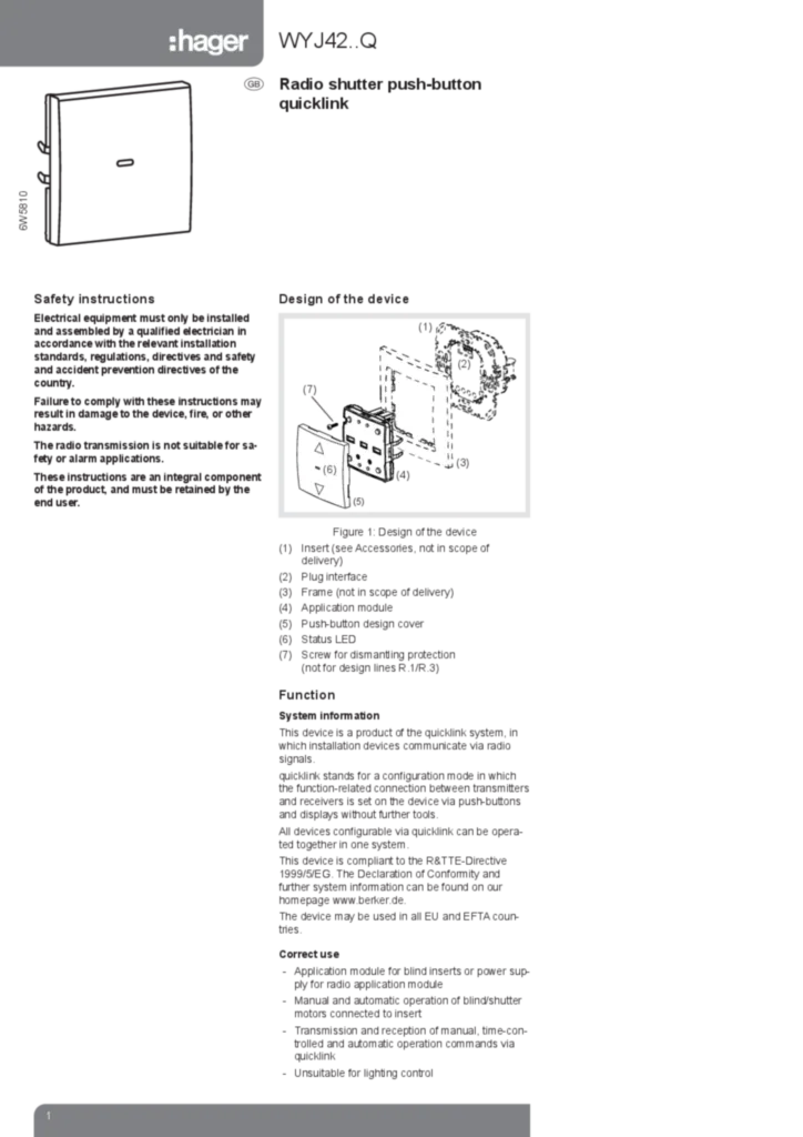 Bild Bouton poussoir RF volet quicklink WYJ142 | Hager Deutschland