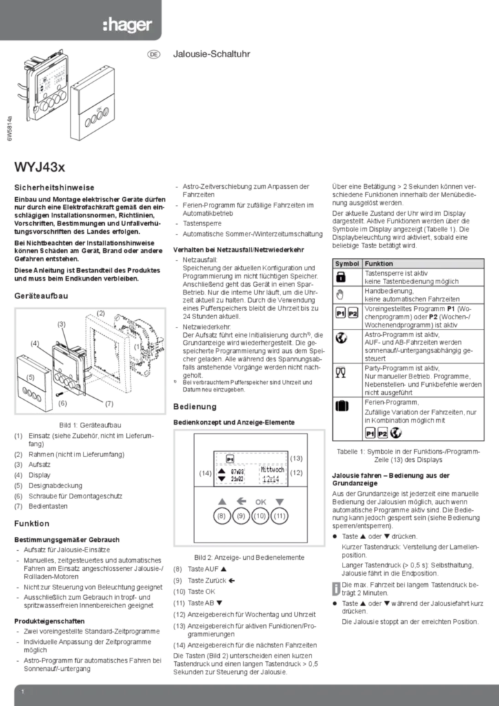 Bild Bedienungs- und Montageanleitung für WYJ430 - Jalousie-Schaltuhr (DE, Stand: 02.2013) | Hager Deutschland