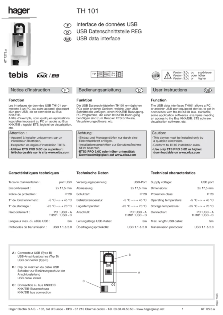 Bild Bedienungsanleitung für TH101 - USB-Schnittstelle, KNX, REG (DE-EN-FR, Stand: 10.2005) | Hager Deutschland