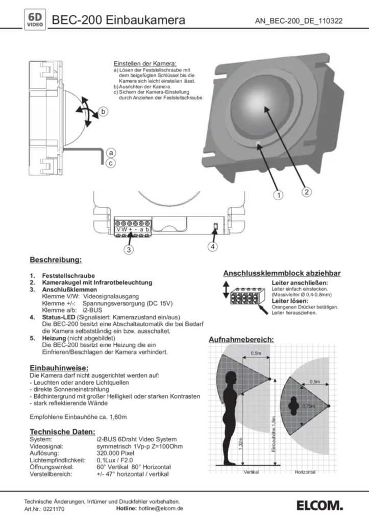 Bild Installationsanleitung für 1001341, 1813302 - Kamera EB 6D-Video, VideoKit mit Kamera und Türlautsprecher 6D-Video (DE-EN, Stand: 05.2011) | Hager Deutschland