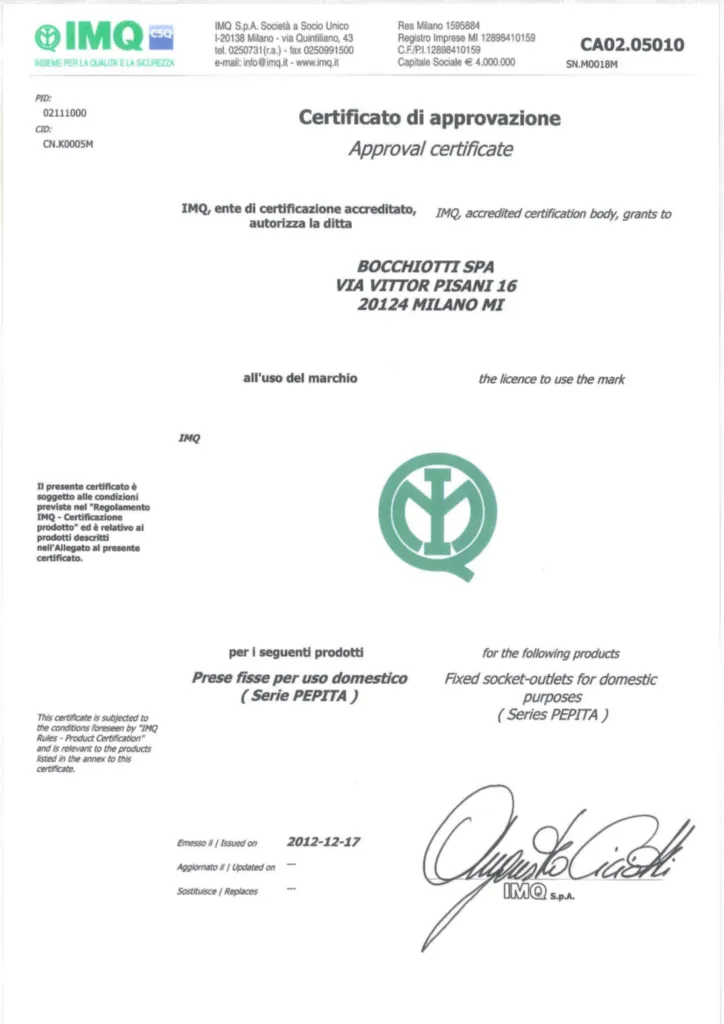 Immagine Certificazioni_IMQ_PEPITA_Presa_16A_CEI_23-50 | Hager Italia