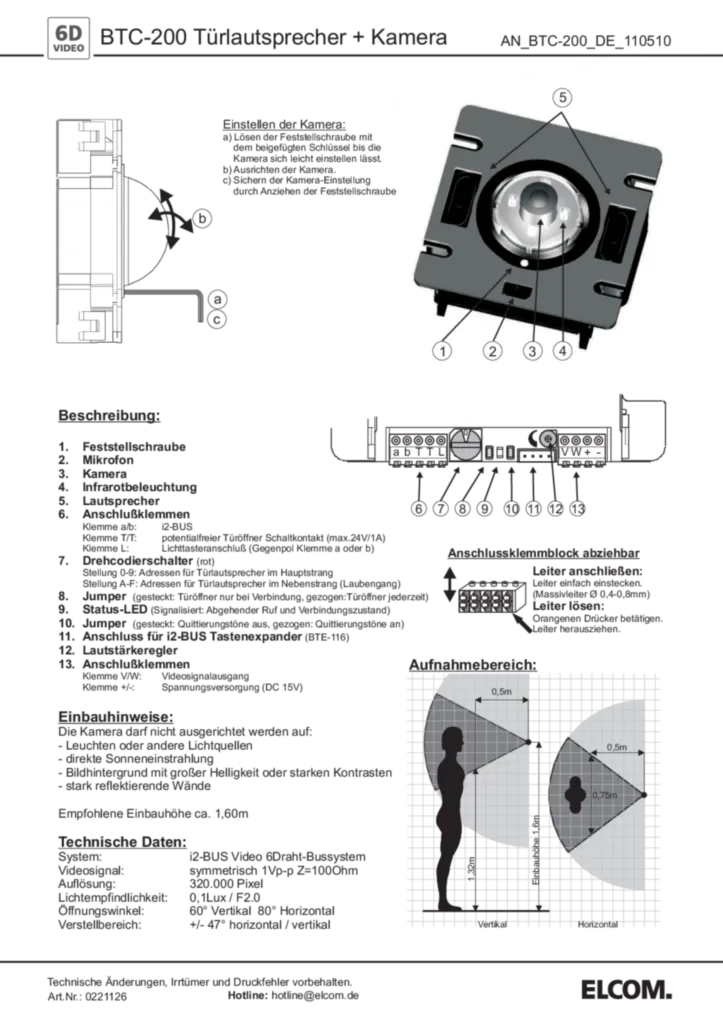 Bild Installationsanleitung für 1816200 - BTC-200 Kamera-Türlautsprecher EB 6D-Video (DE-EN, Stand: 05.2011) | Hager Deutschland