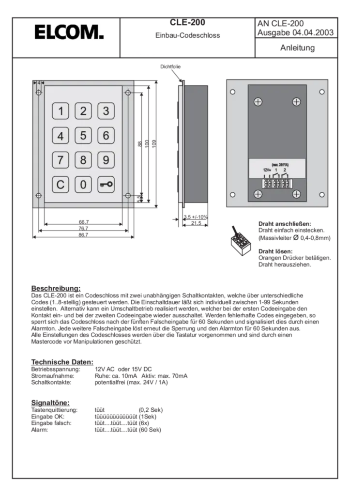 Bild Betriebsanleitung für 1002211, 1506004 - Codeschloss (DE, Stand: 07.2005) | Hager Deutschland