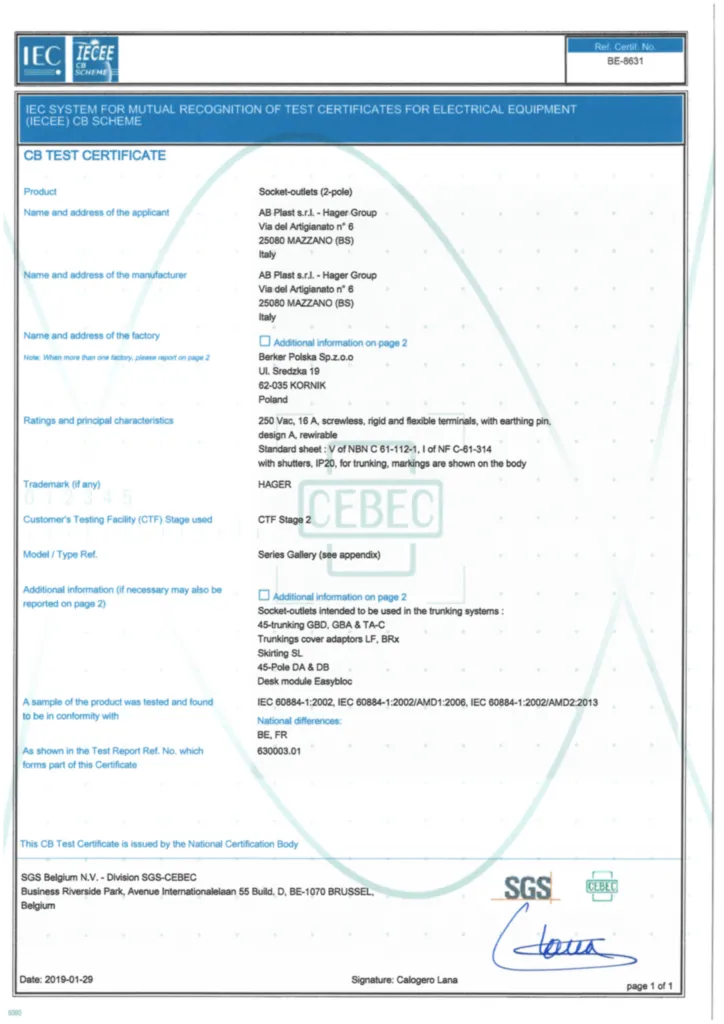 Image Certificat test CB_BE_8631 | Hager France