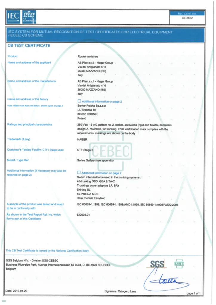 Image Certificat test CB_BE_8632 | Hager France