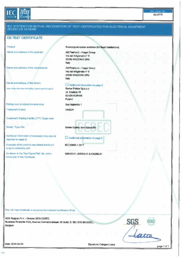 Image Certificat test CB_BE_8775 | Hager Belgique