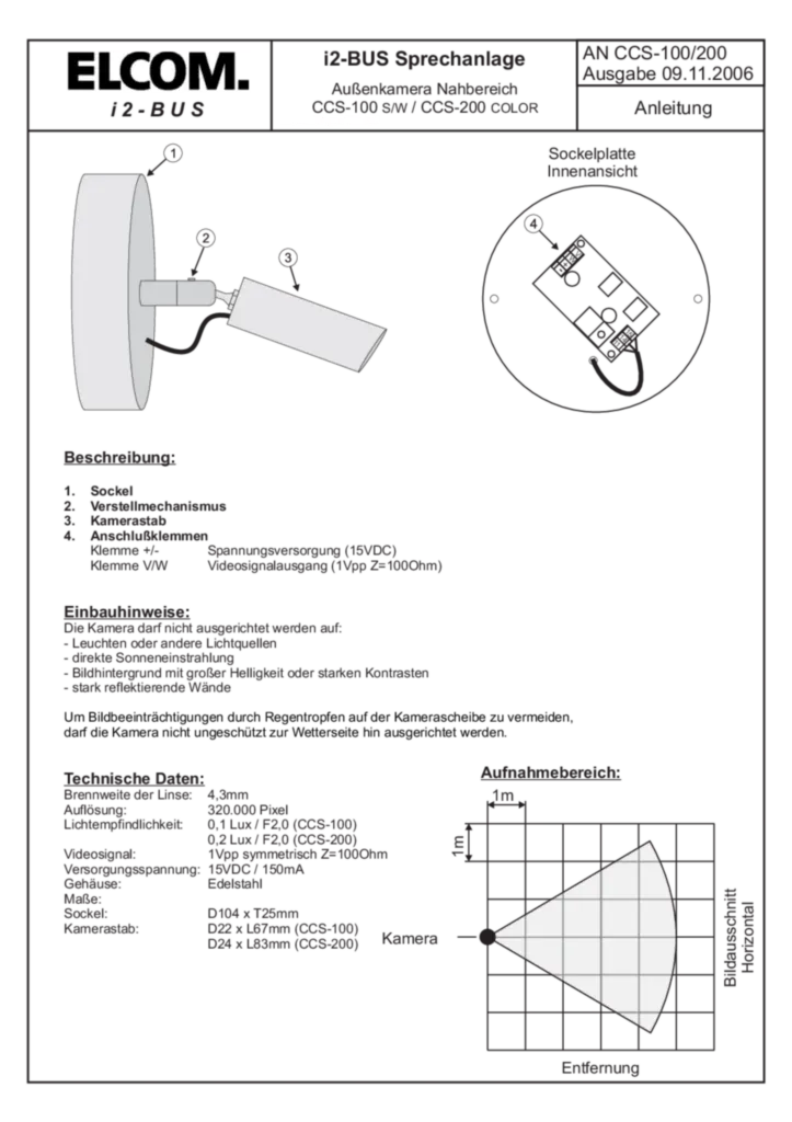 Bild Betriebsanleitung für 1001331, 1814200 - VideoKit mit Stabkamera und Türlautsprecher 6D-Video (DE, Stand: 11.2006) | Hager Deutschland