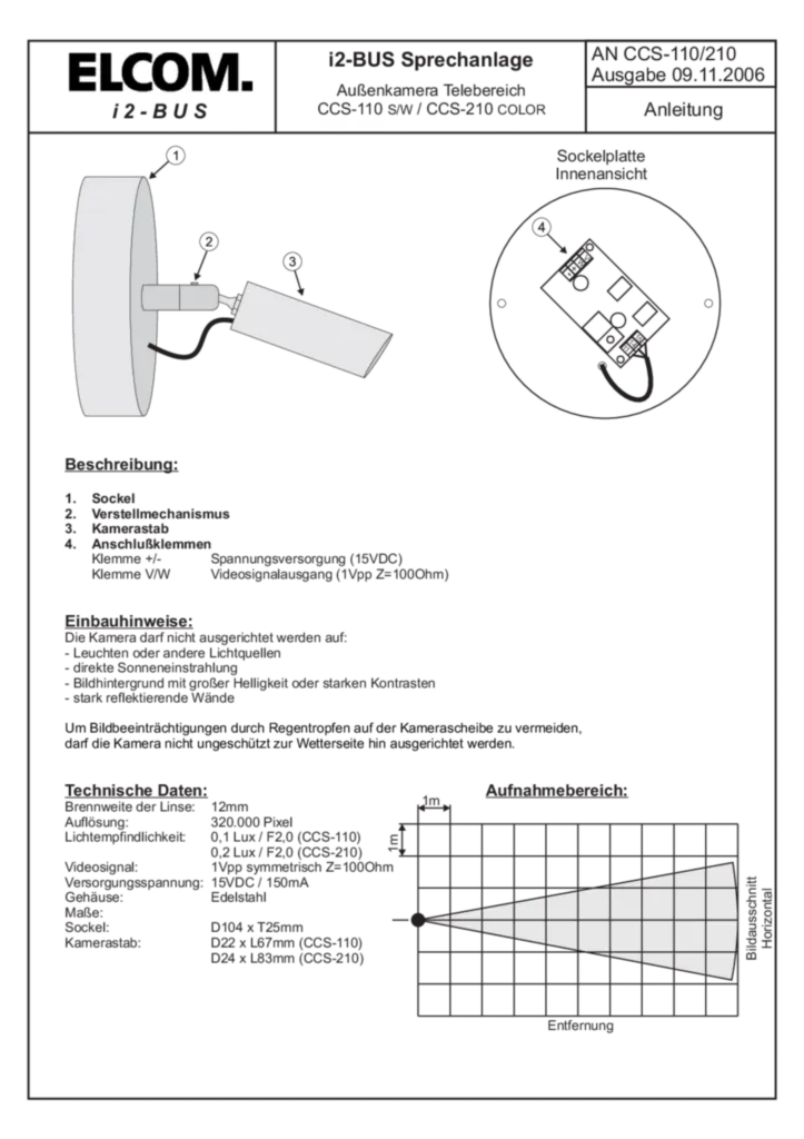 Bild Betriebsanleitung für 1814210 - CCS-210 Tele-Stabkamera AP 6D-Video (DE, Stand: 11.2006) | Hager Deutschland