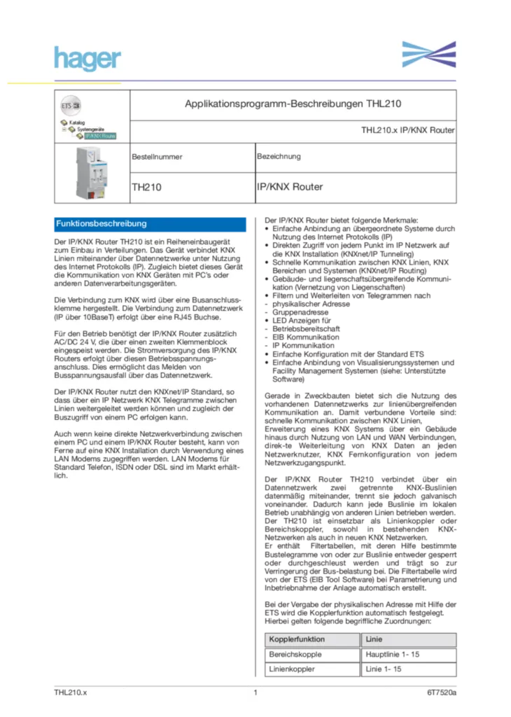 Immagine Description d'application ETS TH210 | Hager Italia