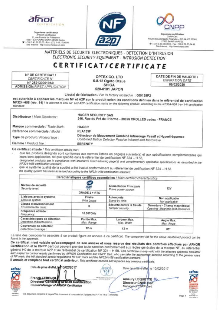 Image Certificat_NF&A2P RLA139F_HAGER | Hager France