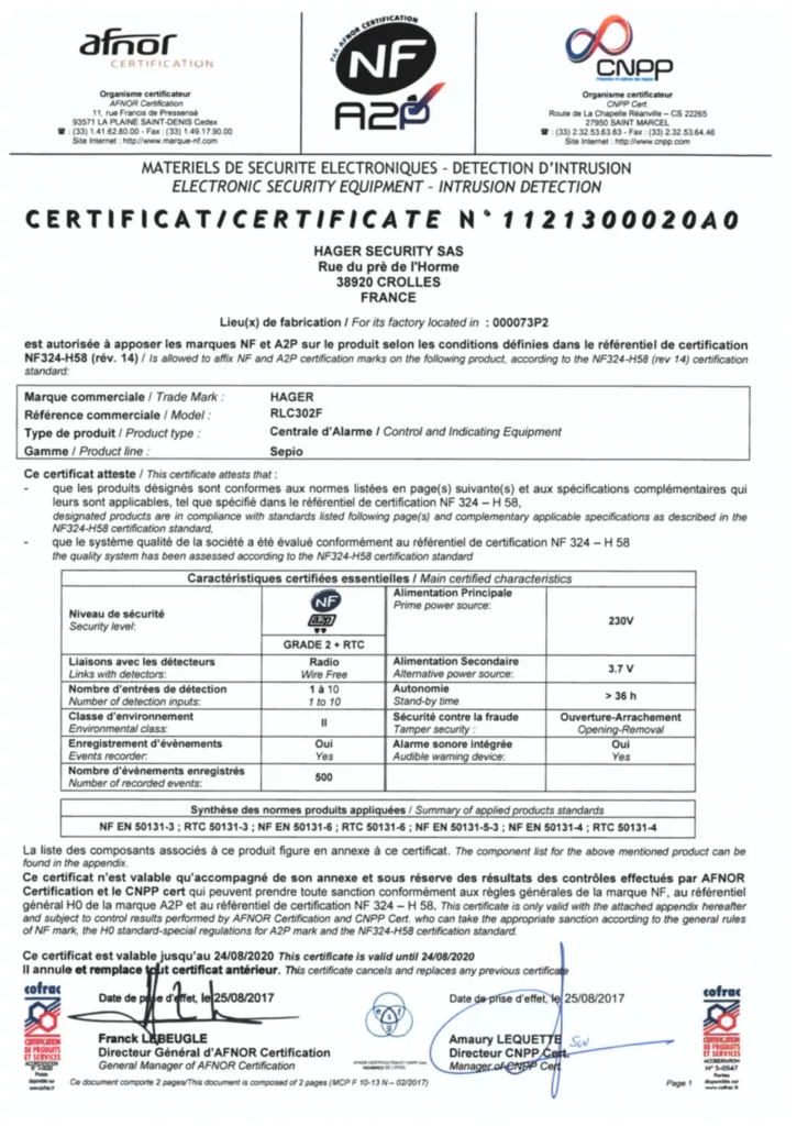Image Certificat_NF&A2P RLC302F_Hager | Hager France