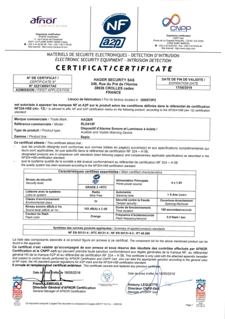 Image Certificat_NF&A2P RLD415F_Hager | Hager France