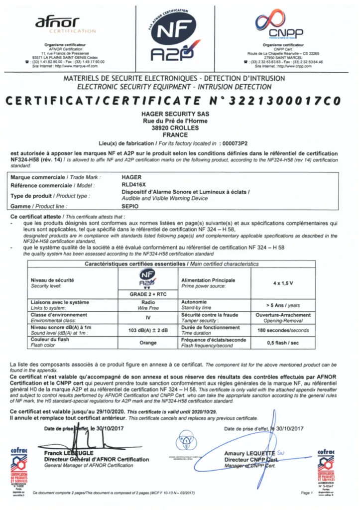 Image Certificat_NF&A2P RLD416X_Hager | Hager France