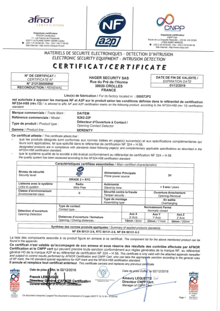 Image Certificat NF&A2P S262_22F_Daitem | Hager France