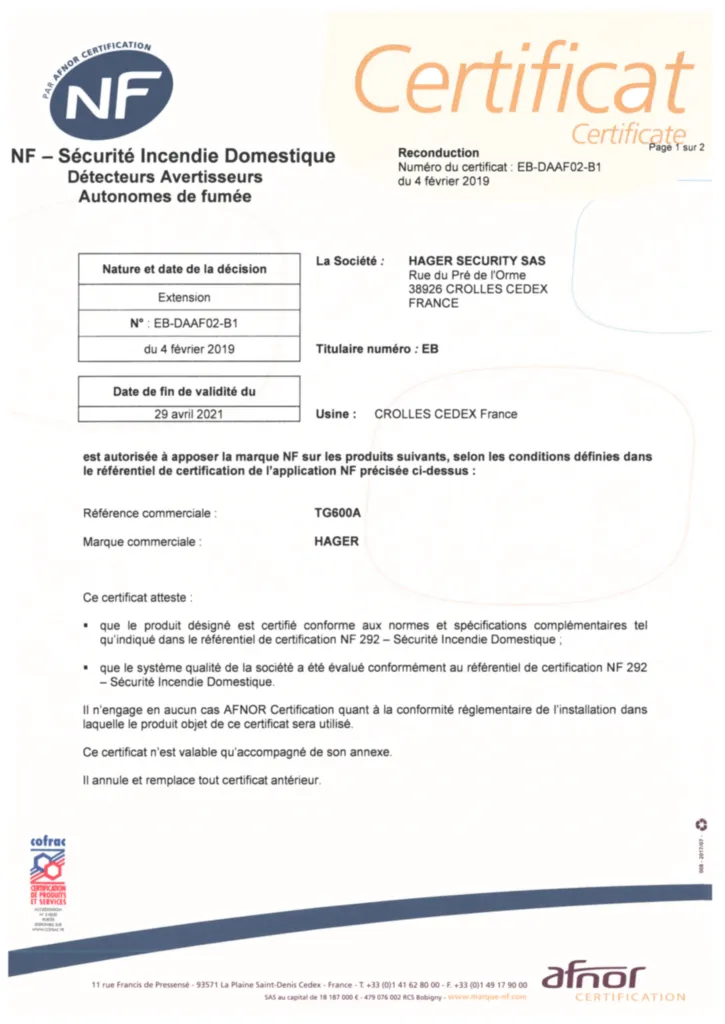 Image Certificat_NFDAAF TG600A_Hager | Hager Belgique