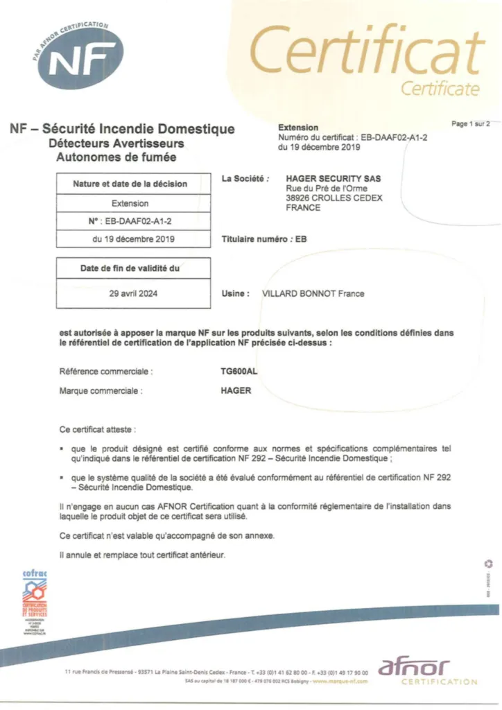 Image Certificat_NFDAAF TG600AL_Hager | Hager France