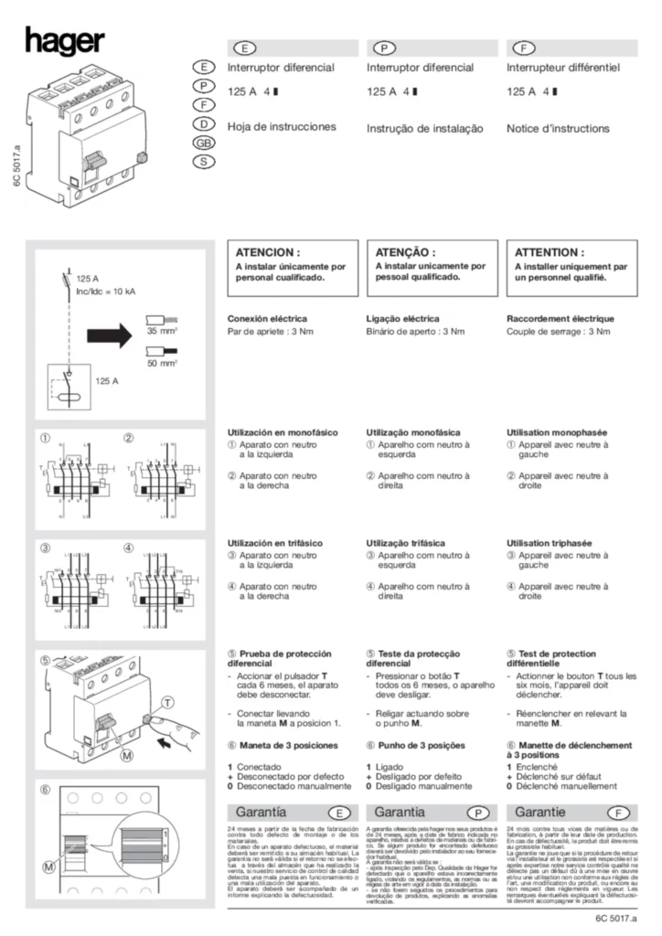 Bild Bedienungsanleitung für CFA490 - Fehlerstromschutzschalter 4 polig 10kA 125A 300mA Typ A (DE-SV-PT-EN-FR-ES, Stand: 04.2003) | Hager Deutschland