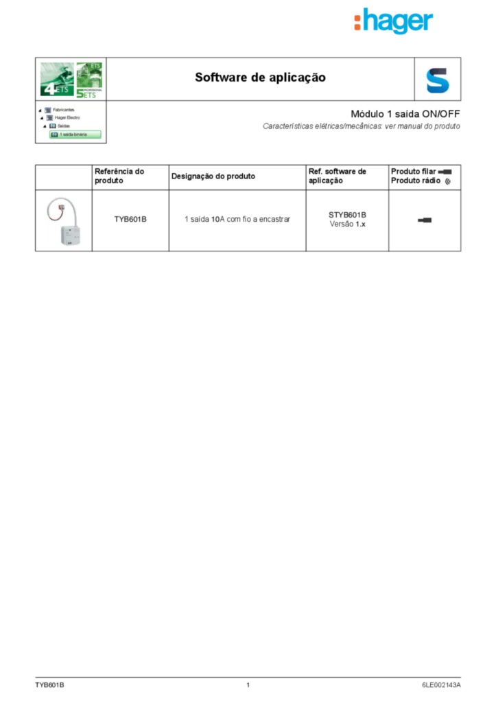 Imagem Application description ETS TYB601B | Hager Portugal