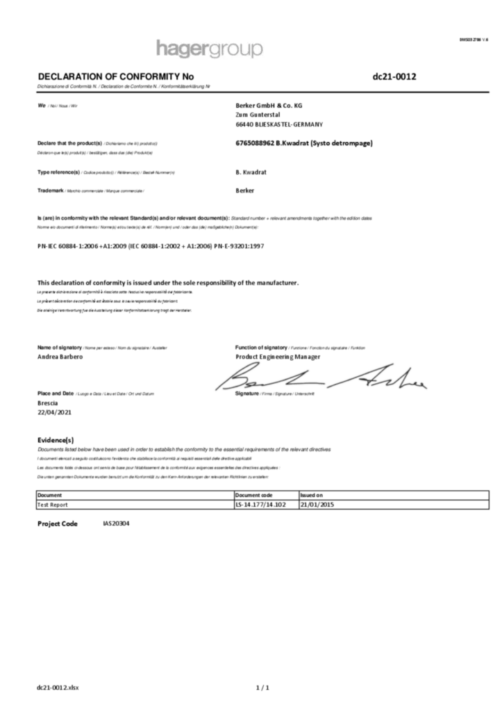 Zdjęcie Dane techniczne - Deklaracja zgodności International 2021-04-22 | Hager Polska