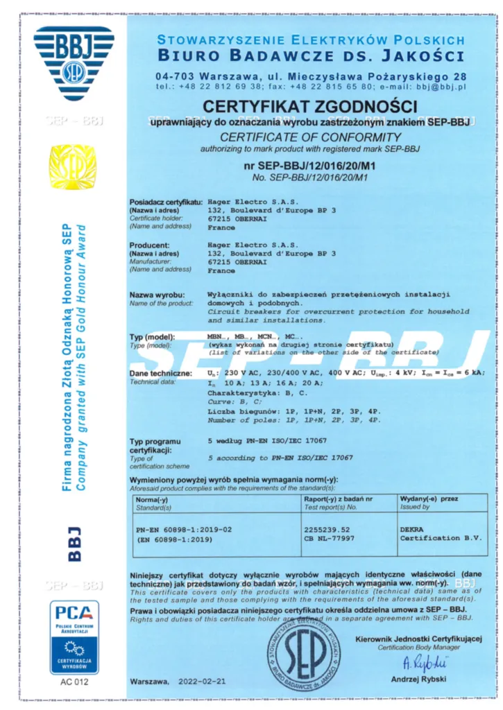 Zdjęcie Certyfikat produktu pl-PL 2024-03-19 | Hager Polska