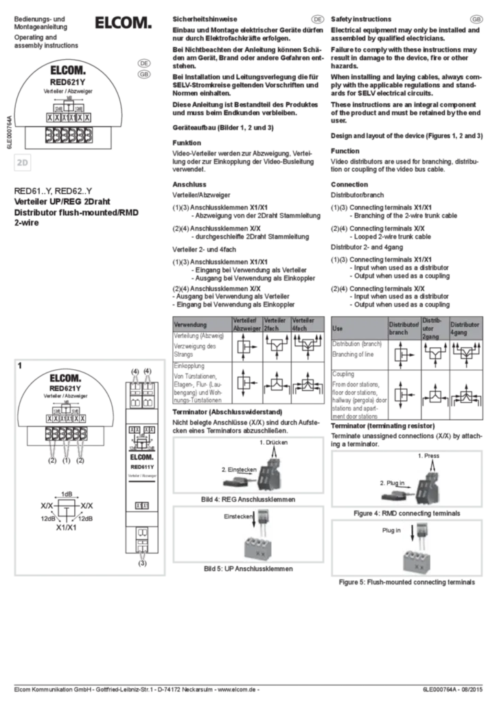 Bild Bedienungs- und Montageanleitung für RED61XY, RED62XY - Verteiler UP/REG 2Draht (DE-EN, Stand: 08.2015) | Hager Deutschland
