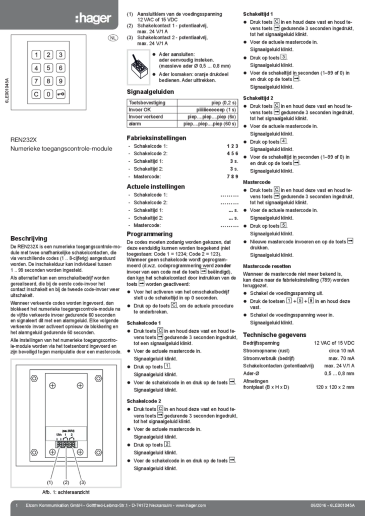 Afbeelding Manual for REN232X - REN232X - Code lock module built-in (NL 2016-06) | Hager Nederland