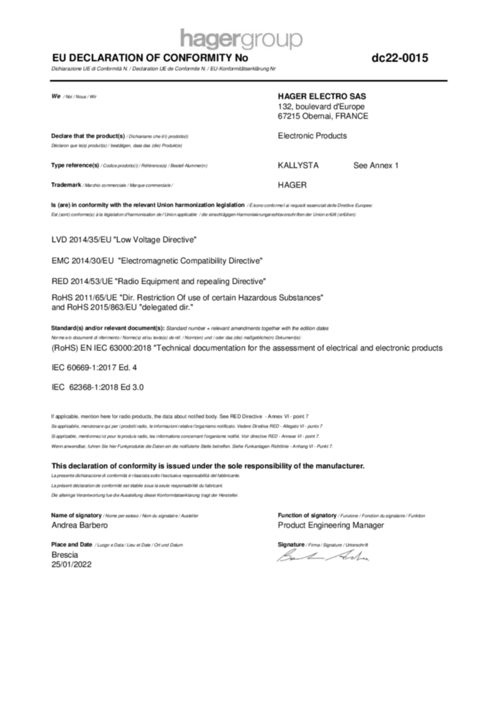 Image Déclaration de conformité International 2022-01-25 | Hager France