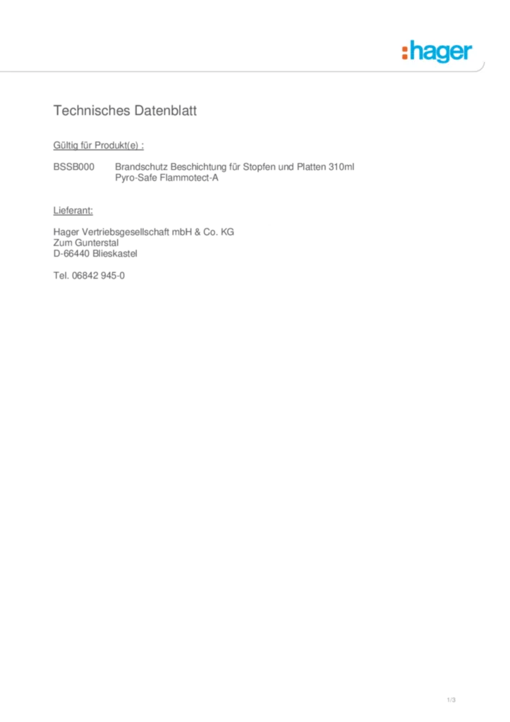 Technisches Datenblatt zu Brandschutz Beschichtung für Stopfen und Platten