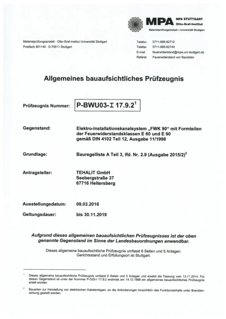 Bild Allgemeines bauaufsichtliches Prüfzeugnis (ABP) FWK9 P-BWU03-I 17.9.2 (Wand, Decke, E60/E90) | Hager Deutschland