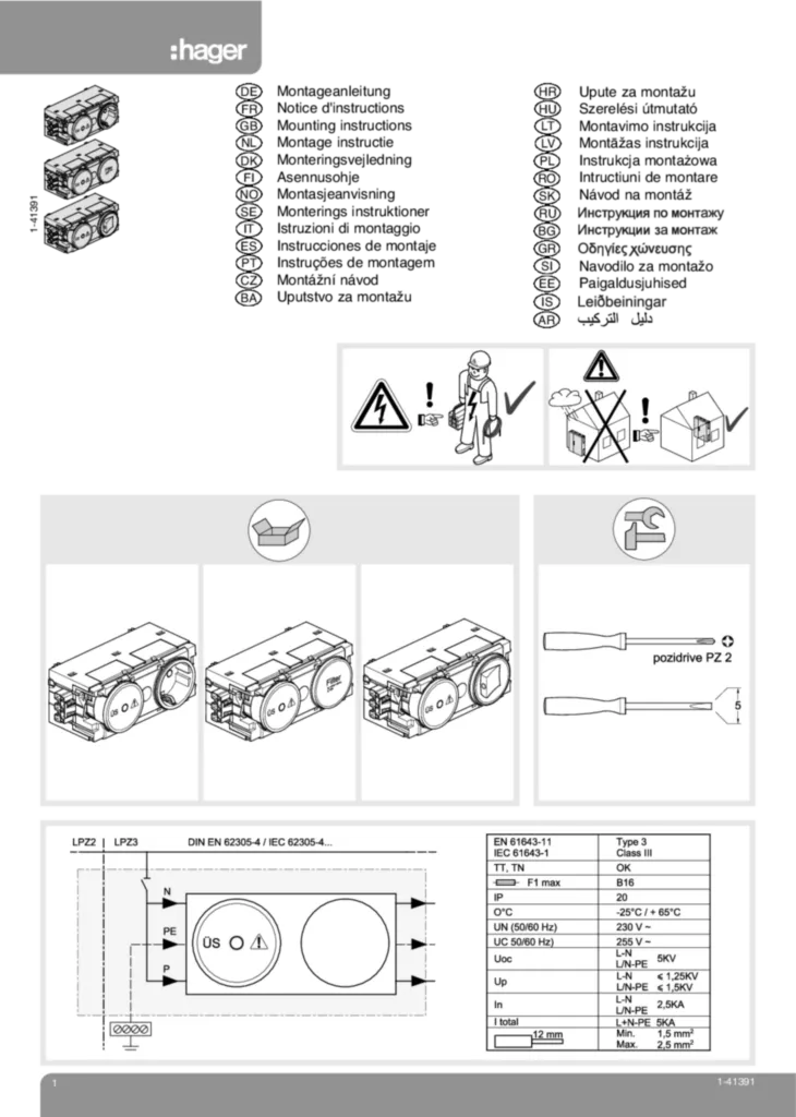 Bild Montageanleitung für G003003020, G004003020, GS12003020 - Überspannungsschutz+Schalter Wago Steck-/Klemmtechnik C-Profil / Steckdose (Stand: 10.2012) | Hager Deutschland