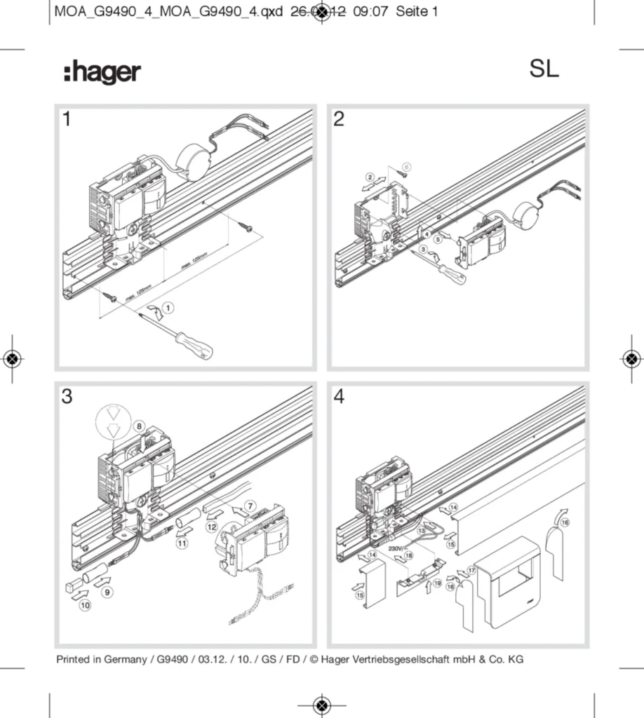Bild Installationsanleitung für SL200809279010 - Geräteträger Trafo+PIR für LED zu Sockelleistenkanal SL 20x80 mm (DE, Stand: 03.2012) | Hager Deutschland