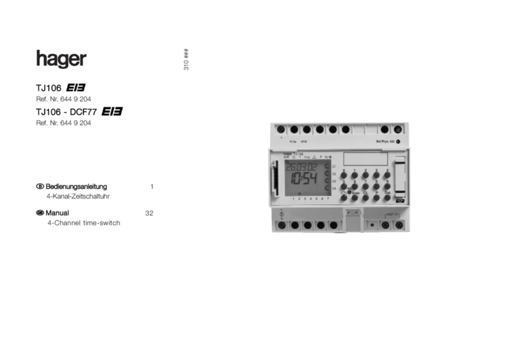 Bild Bedienungsanleitung für TJ106 - Jahresschaltuhr KNX, 4 Kanäle DCF77 (DE-EN, Stand: 02.2006) | Hager Deutschland