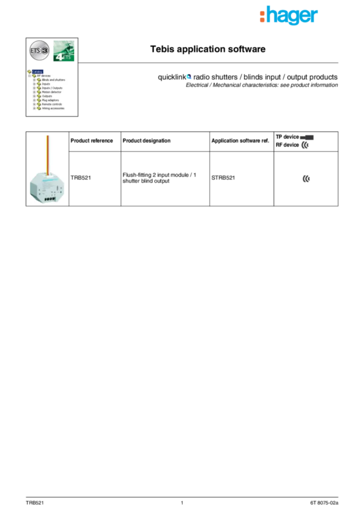 Imagem Description d'application ETS TRB521 | Hager Portugal