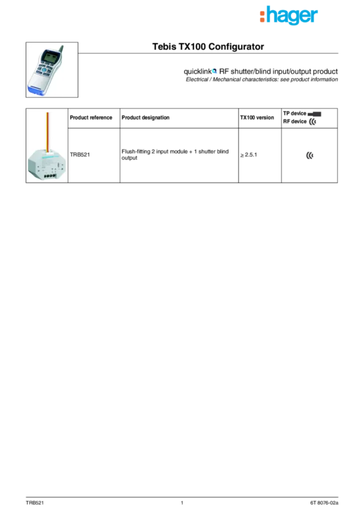 Imagem Description d'application TX100 TRB521 | Hager Portugal